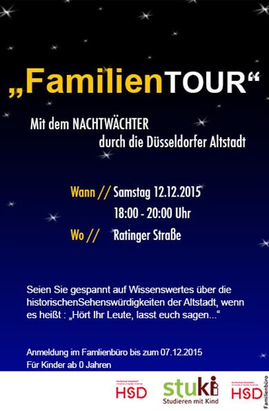 Plakat zu der Veranstaltung "FamilienZeit Nachtwächtertour". Es steht der Einladungstext auf einem Hintergrund, der wie ein Sternenhimmel aussieht.